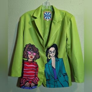 Cirka Tail  Doll Printed Fashion Lime Green Blazer Women Size Small